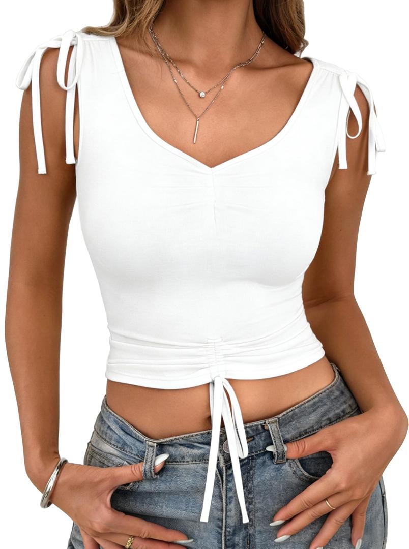 AGECODE Womens V Neck Tank Tops Sleeveless Tie Shoulder Drawstring Ruched Summer Going Out Crop Tops White Medium (White, M)