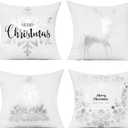 All Smiles White Silver Christmas Throw Pillow Covers Cases 18 X 18 Set of 4 Winter Xmas Navidad Decorations Indoor Home Holiday Dcor Ornaments Velvet Cushion for Sofa Tree Snowflake Reindeer