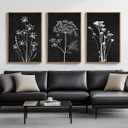 BINCUE Framed Botanical Wall Art Black Grey and White Plant Floral Print Canvas for Living Room Bedroom Office 3 Panel 16x24 Inches (24L" x 16W")