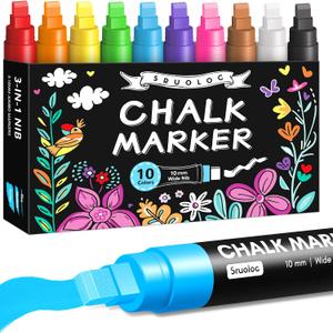 Window Chalk Markers for Glass Washable, 10 Colors Jumbo Liquid Chalk Marker with 10mm 3 in 1 Nib Thick Wide Tips, Big Chalkboard Markers, Car Paint Pen for Auto, Bistro, Mirror, Poster, Blackboards