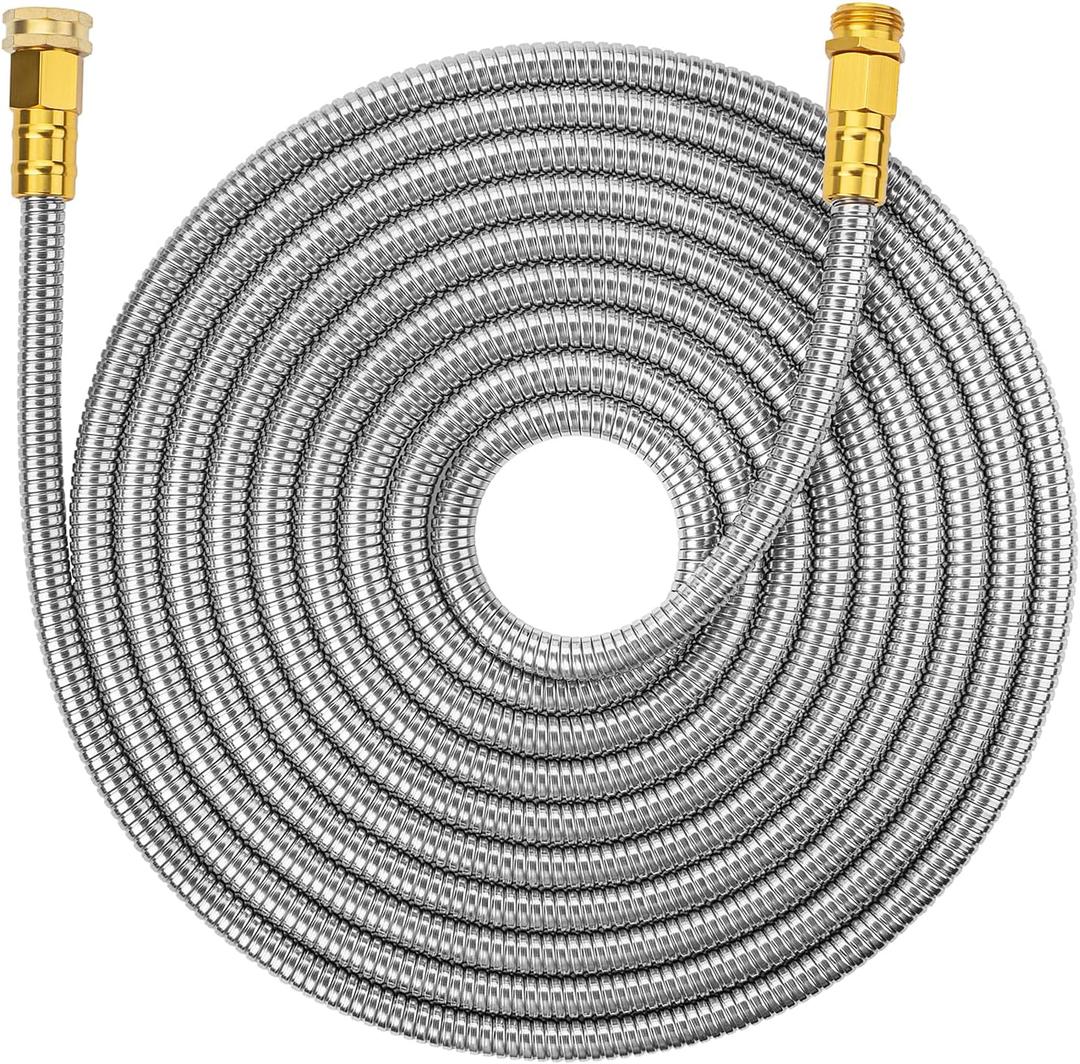 UNCO 25ft Stainless Steel No Kink Metal Garden Hose (Silver)