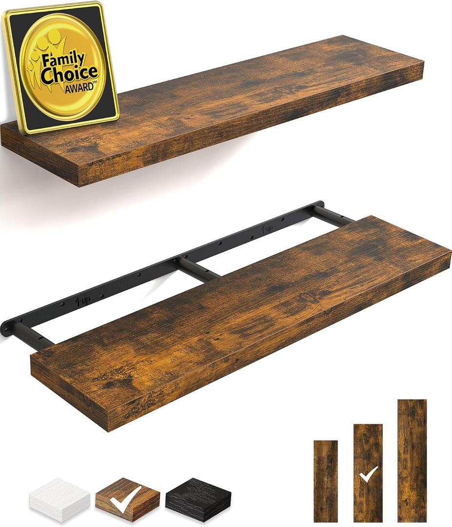 BAYKA Floating Shelves, 36 inches Long Wall Mounted Rustic Wood Shelves for Bathroom, Bedroom, Living Room, Kitchen, Office, Hanging Shelf for Books/Storage/Decor(Rustic Brown,Set of 2)