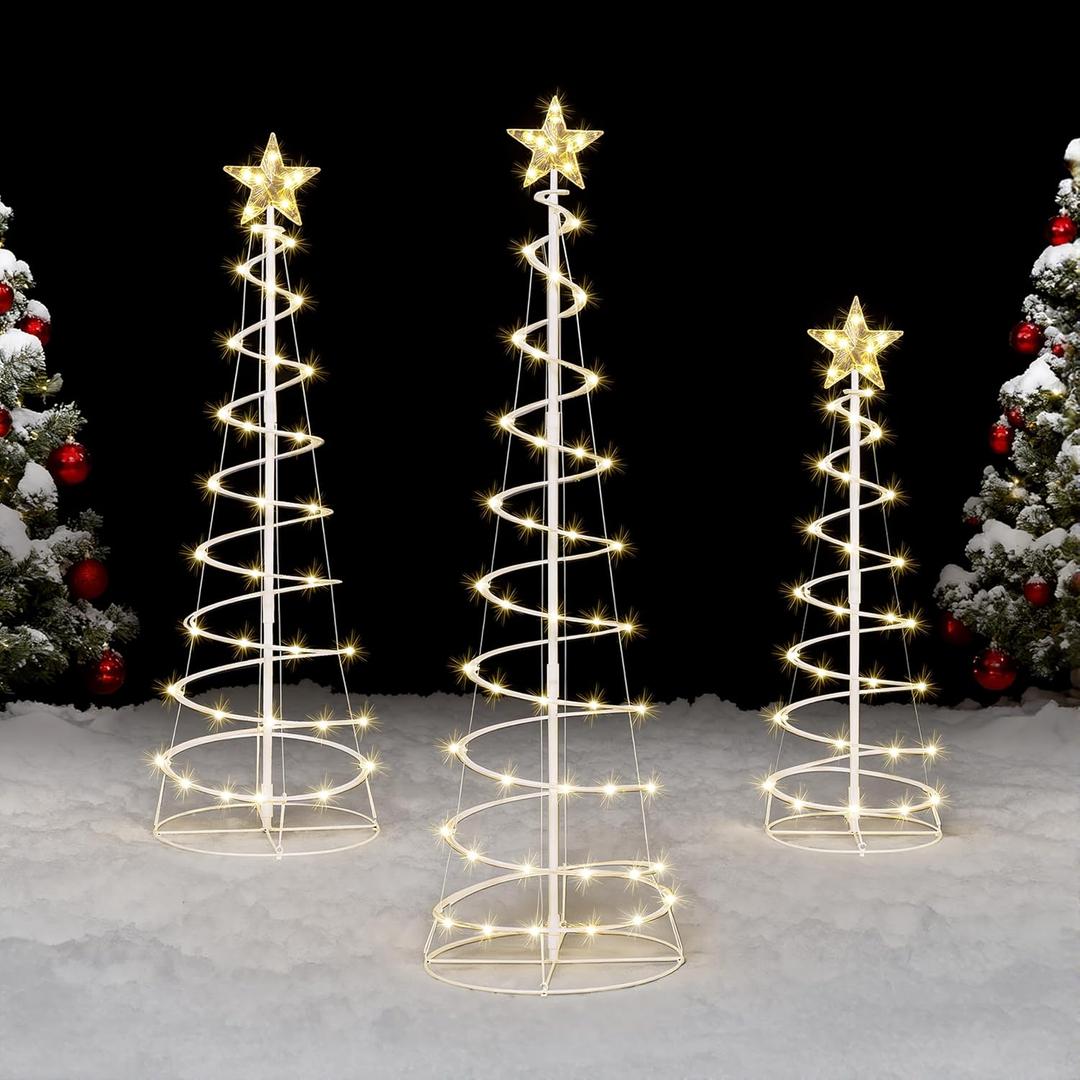 JOIEDOMI 3 Pack Spiral Christmas Tree Lights, 218 LED Outdoor Lighted Tree with Star Topper & Stakes, Christmas Decorations for Yard Porch Patio Garden Holiday Xmas Eve Night Dcor, Warm White