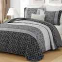 Cottolester Light Gray Quilt Set King Size,Striped Plaid Bedspread,Blue Boho Bedding Set Soft Microfiber Quilt with 2 Pillow Shams 110"x90"