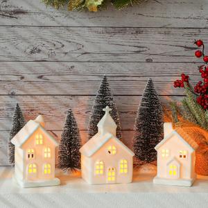 7PCS Christmas Village Sets - 3 LED Lighted Ceramic White Houses with 4 Decorative Christmas Trees Remote Control Led Candles for Xmas Home Tabletop Mantel Shelf Decor