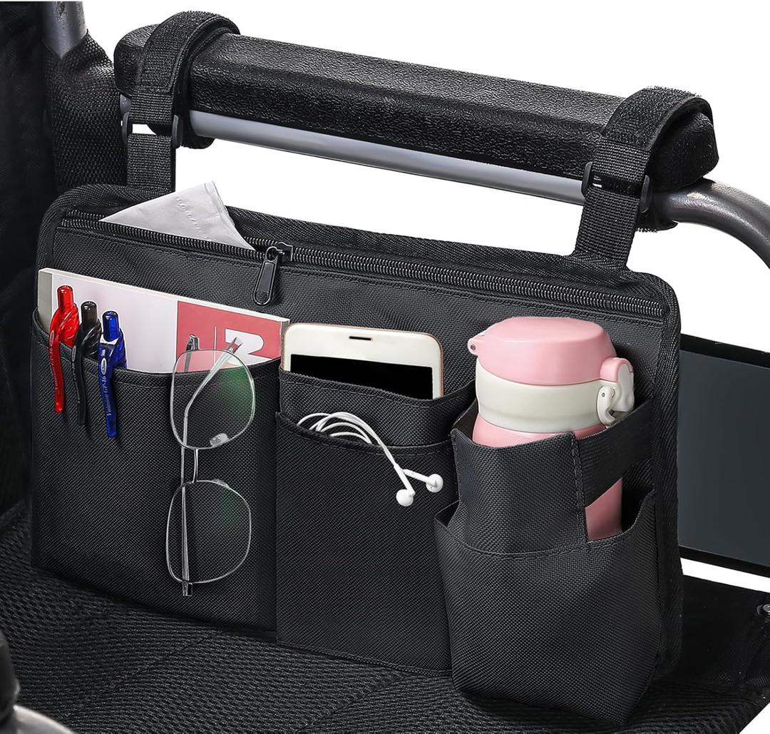 CTWWFS Upgrade Wheelchair Side Bag with Cup Holder, Armrest Accessories for Wheelchair, Rollator, Walker, The Perfectly Organized to Free your Hands and Bring you A Wonderful Life Experience (Black)