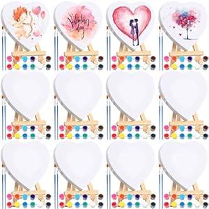 Zubebe 12 Set Mini Canvas Painting Kit Valentine's Day Gifts 4 * 4in Canvas with Wooden Easel, 12 Colors Watercolor Palette Brush Bulk for Galentines Art Party Favors (Heart Shaped)