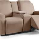 TAOCOCO Reclining Loveseat with Middle Console Slipcover, 4 Piece Polyester Fabric Stretch Loveseat Recliner Sofa Covers, Soft Washable Furniture Protector (Khaki, 2 Seater with Console Cover)