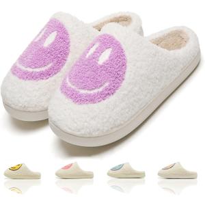 Cute House Slippers for Women Men with Memory Foam Retro Happy Face Cozy Indoor Outdoor Fuzzy Plush Shoes (6.5-7.5 Women/6-7 Men, Purple)