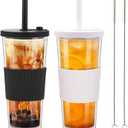 2 Pack Reusable Boba Tea Cups, 24oz Iced Coffee Cup with Straw and Lid, Leakproof Clear Plastic Cups Tumbler, Double Wall Insulated Smoothie Tumbler, Wide Straw for Bubble Tea, Black and White