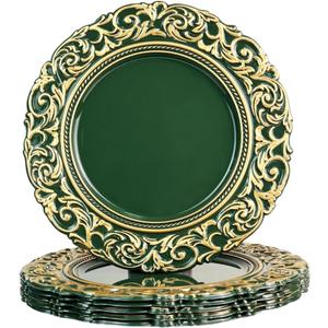 Green Charger Plates with Gold Embossed Rim, Plate Chargers for Dinner Plates. Set of 6, 13 Inch Plastic Charger for Dinner and Party, Christmas, Thanksgiving.
