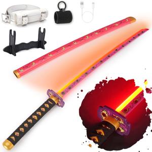 RENGENG Light Up Sword, 40 Inches Rechargeable Plastic Anime Replica with Belt & Stand, Original Texture Anime Sword (Kokushibo)