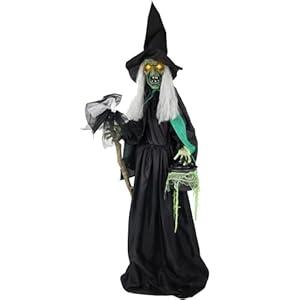 Haunted Hill Farm Lifesize Scary Talking Witch Prop with Cauldron and Broom with Touch Activated Lights and Sound, Battery-Operated Indoor or Covered Outdoor Halloween Decoration