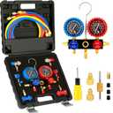 R1234yf R134A AC Gauge Set, 3 Way Automotive AC Manifold Gauges for R1234yf R134A and R404A Refrigerants with 5FT Hoses Quick Couplers Self Sealing Can Tap for Freon Charging