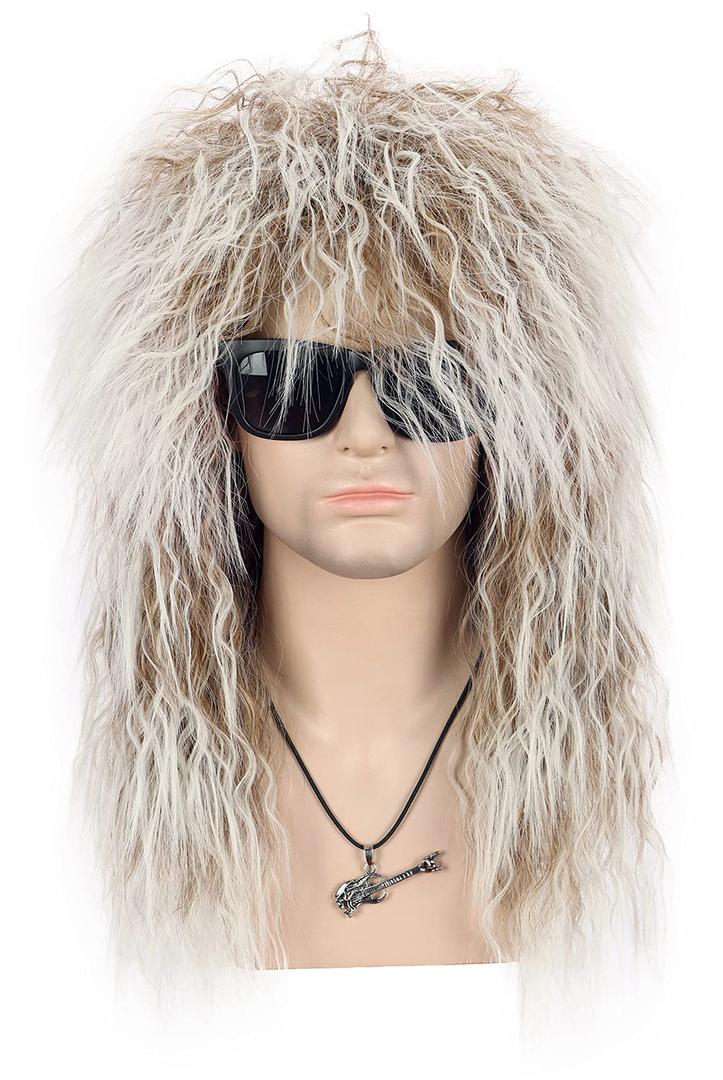 VGbeaty Men Women Long Curly Brown Gradient White 70s 80s Rocker Mullet Wig Halloween Costume Cosplay Wig (Brown and White)