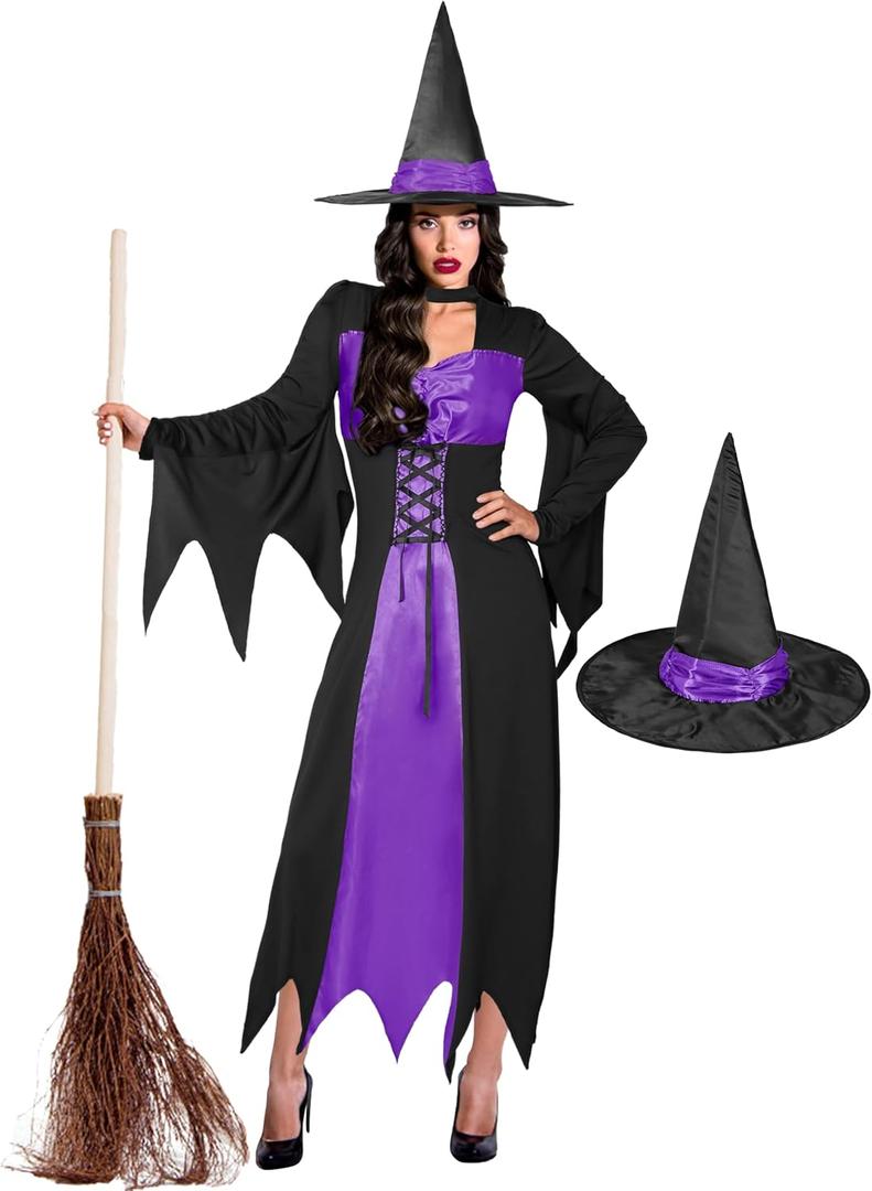 CICOCI Witch Costume Women With Wicked Witch Hat Halloween Costume For Adult Witch dress Full Outfits (Small, Purple)