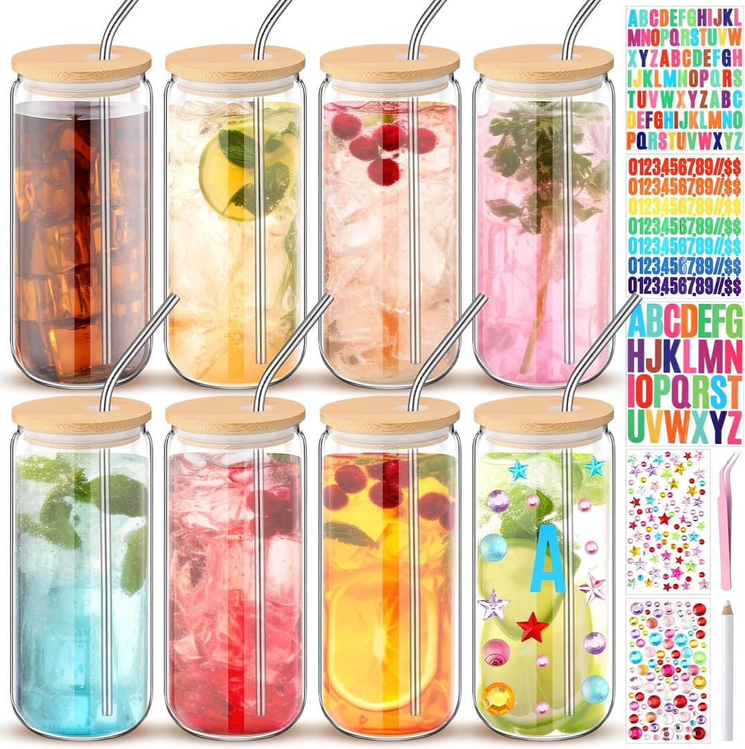 8 Pcs 20 oz Plastic Cups with Lids and Straws Acrylic Mason Jars with Bamboo Lids Mason Jar tumblers with Sticker and Diamond for DIY Decorate Mugs Drinking for Water Beverage Beer(Clear)