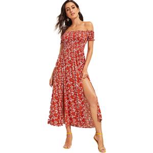 Floerns Women's Boho Floral Print Off Shoulder Split Long A Line Dress (X-Small, Red/White)