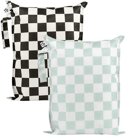 Tiny Twinkle Mess-Proof Waterproof Wet Dry Bag | 2-Pack Reusable Wet Bags for Swimsuits & Baby Clothes | Leakproof Wet Bag for Travel & Diaper Changes for Baby (Black, Green Checkers)