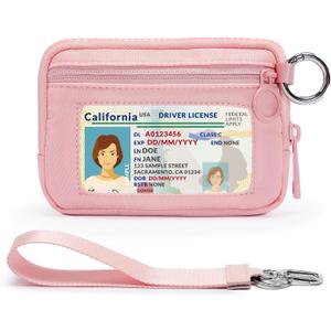 YDF The Iris Wallet for Women Mini Zip Card Case with Clear ID Window Zipper Coin Purse Lightweight Portable Keychain Wallet (Pink)