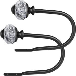 2 Pack Black Curtain Holdbacks, USFOOK Decorative Drapery Tiebacks (2 Pack/1 Pair), Curtain Tie Back Hooks for Wall with Translucent Finials (6.1" L x 4.1" W)