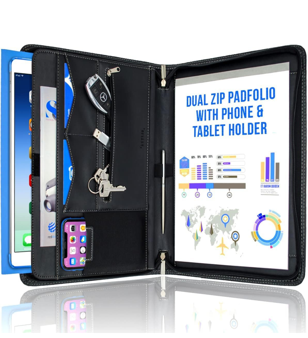 STYLIO Zipper Padfolio Portfolio Binder Organizer | Faux Leather Portfolio for Resume, Documents, Phone, Tablet, Business Supplies and Cards | Notebook Organizer with Letter Sized Notepad Included