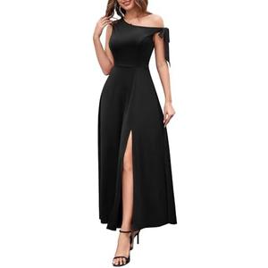 BeryLove Women's Elegant Wedding Guest One Shoulder Bridesmaid Dresses with Tie Strap Flowy Long Formal Dresses 7078 Black L