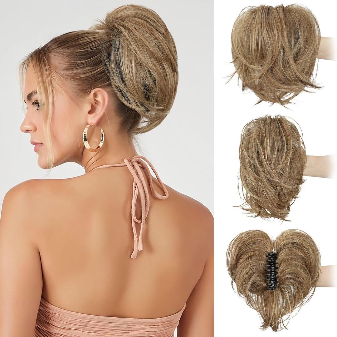 BOGSEA Claw Clip Ponytail Hair Extension - 8 Inch Short Ponytail DIY Bendable Wires Hair Piece for Women Synthetic Fake Ponytail Daily Use -Honey Blonde