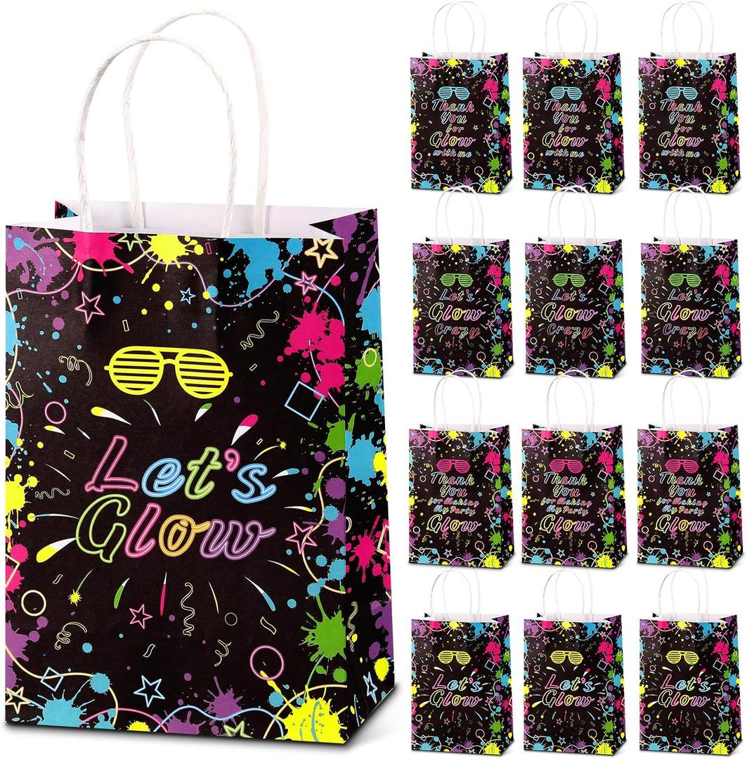 Nezyo 24 Pack Neon Bags Themed Let's Glow in Dark Party Favor Thank You for Glowing with Me Goodie Bags with Handle for Retro 80s 90s Birthday Halloween Party Decoration Supplies, 24 count