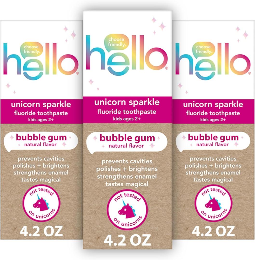 Hello Unicorn Sparkle Kids Toothpaste with Fluoride, Bubble Gum Toothpaste, 4.2 Oz Tube (Pack of 3)