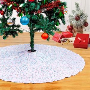 DUOBAO Christmas Tree Skirt 48 Inch Round with Sequins and Velvet Iridescent White Soft Fabric Elegant Luxury Mat for Glitter Xmas Decoration