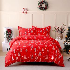 JSD Red Christmas Tree Kids Duvet Cover Set Full Size, 3 Piece Xmas Comforter Cover with Pillow Sham Zipper Closure, Comforter Not Included