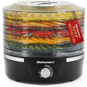 Elite Gourmet EFD319 Food Dehydrator, 5 BPAFree 11.4" Trays Adjustable Temperature Controls, Jerky, Herbs, Fruit, Veggies, Dried Snacks, Black