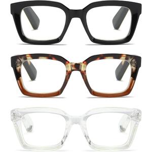 3 Pack Oversize Square Design Reading Glasses for Women, Blue Light Blocking Reader (2.0 x, Black & Leopard & Transparent) 