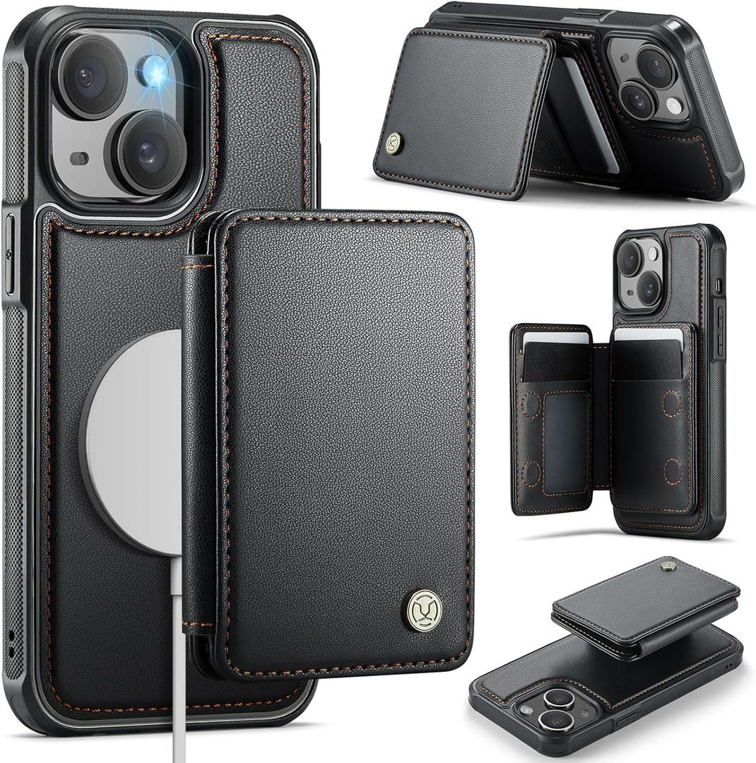 Compatible with Magsafe for iPhone 14 Wallet Case Magnetic Card Holder, RFID Blocking 2 in 1 Detachable Kickstand Shockproof Case for Women Men, Black