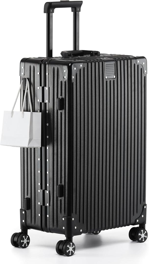 Checked Luggage with Spinner Wheels, Large Zipperless Rolling Suitcase with TSA Locks, Hard Shell Aluminum Frame Luggage for Business Travel（Black，28Inch）