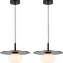 Modern Globe Pendant Lighting Set of 2 Milky White Glass Shade Matte Black Farmhouse Pendant Light 11.81" Dome Industrial Hanging Ceiling Light Fixture Kitchen Island Dinning Room Bedroom