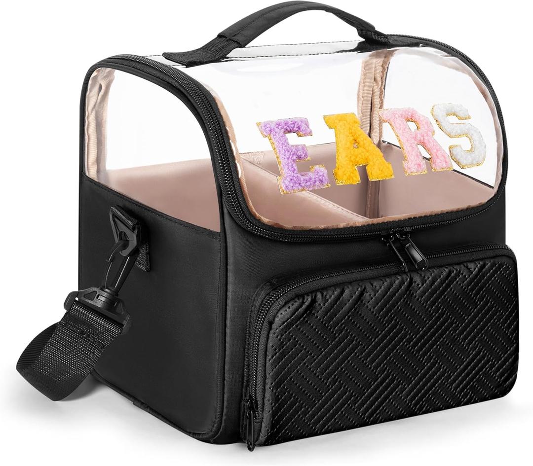 Mouse Ears Travel Case with Detachable Divider, Headband Holder Organizer Bag with Shoulder Strap, Chenille Letter Hair Accessories Storage Box, Black