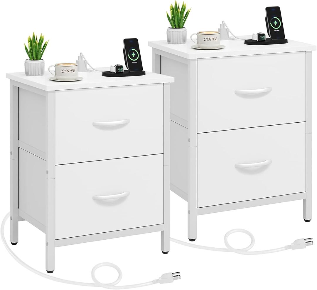 Vagusicc Nightstand Set of 2 with Charging Station, End Table Bedside Table with Power Outlet & USB Ports, Side Table with 2 Fabric Drawers for Bedroom, Living Room, White, 15.75 inches x 11.81 inches x 22.25 inches