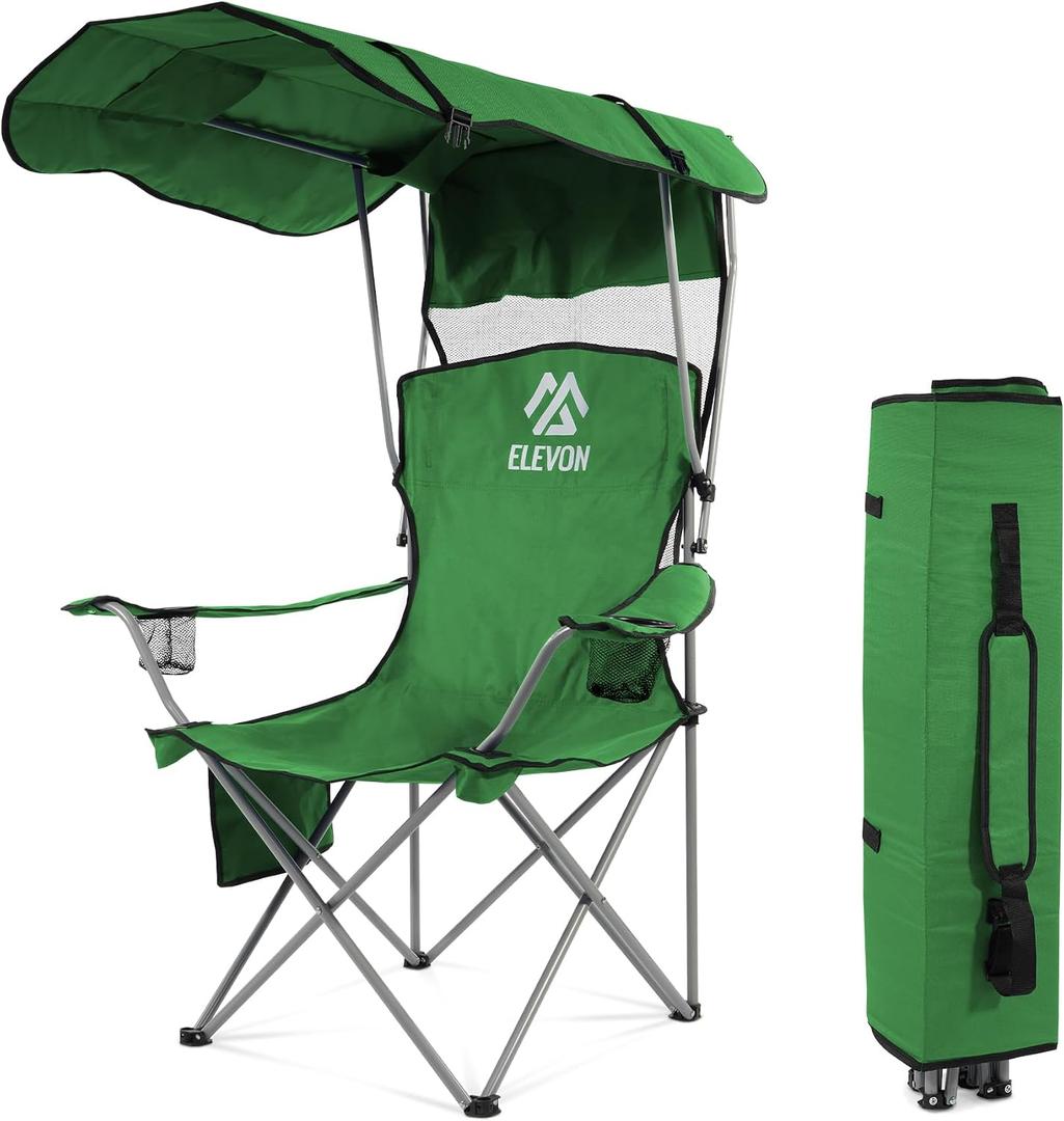 Elevon Camping Chair, Oversized Folding Chair with Canopy, Portable Outdoor Chair with Arms, Cup Holder and Carry Bag for Camping, Fishing, Beach, and Sports, Jasper, Shade Canopy Camping Chair