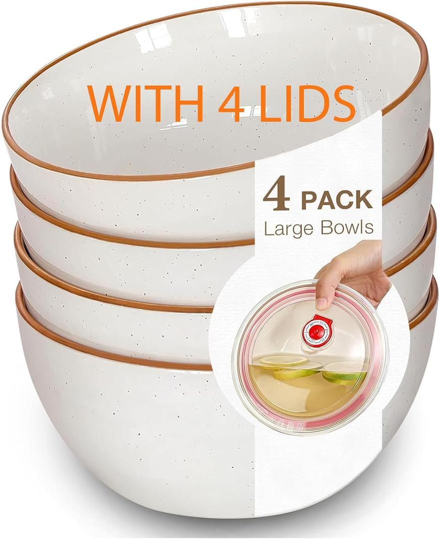 4 Pack Ceramic Bowls with 4 Pack Lids, 28 oz Kitchen Bowl Set for Cereal, Salad, Soup, Pasta, Dessert, Serving, Ramen, Oatmeal, Nut, Dishwasher & Oven & Microwave Safe
