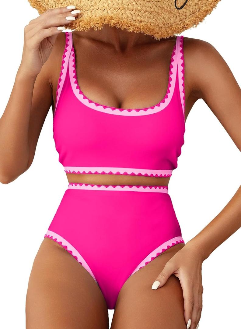 Herseas Women's Bikini Sets Floral Print Whip Stitch 2 Piece Swimsuits High Waisted Scoop Bathing Suits (Pink, XL)
