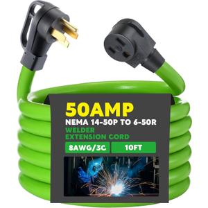 8AWG 50Amp Welder Extension Cord Compatible with NEMA 14-50P to 6-50R, 4 Prong to 3 Prong Power Extension Cord with Handle for Generator or RV Welder, 50 Amp 250V 12500 Watt(10 Feet)