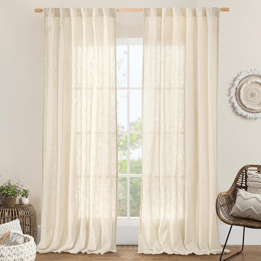 LAMIT Linen Semi Sheer Curtains 96 inches Long 2 Panels Set, Light Filtering Panels Back Tab and Rod Pocket Floor to Ceiling Curtains for Bedroom/Living Room, Beige, 52 x 96 Inch