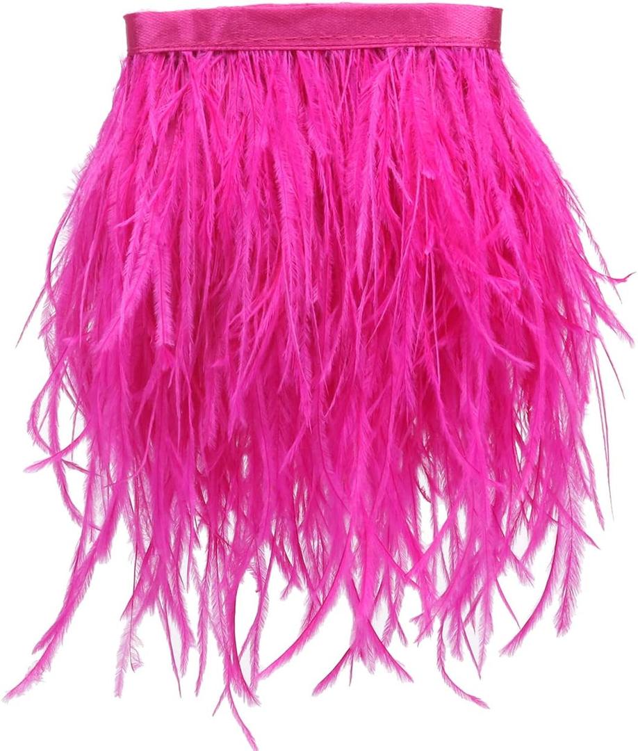 Ostrich Feathers Sewing Fringe Trim Ribbon for Crafts Clothes Accessories Latin Wedding Dress DIY  (5 Yards, Fushia/Rose Pink)