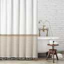 Seasonwood Extra Long 84 Inch Tall Shower Curtain Beige and White Striped Shower Curtain with Tassels Water Repellent, Wrinkle Free