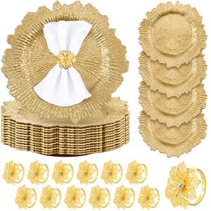 Dandat 100 Pcs Charger Plate Bulk 13'' Floral Reef Plates with Napkin Ring Plastic Dinner Charger Hollow Out Flower Napkin Holder Plastic Plate for Table Setting Wedding Party (Champagne Gold)