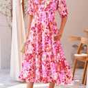 PRETTYGARDEN Women's Summer Beach Maxi Dress Short Sleeve Buttons Tiered Ruffle A Line Swing Dresses (Pink, S)