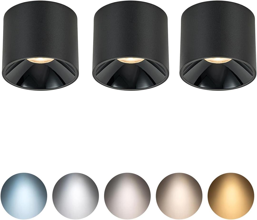 12W Dimmable LED Ceiling Spot Lights Indoor, 5CCT 2700K-6000K Selectable,CRI 95+ 4.72 inch Black Aluminum Matte Cylinder Spotlight Modern Minimalist Focus Ceiling Downlight Fixtures, 3 Pack