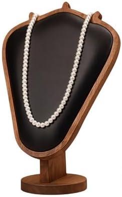 SWTOOL Walnut Color Body Wood Necklace Display Stand with Black Leather Soft Mat Necklace Holder Organizer Desktop Stand for Home Store Dresser-4.45"x8.4"x12"